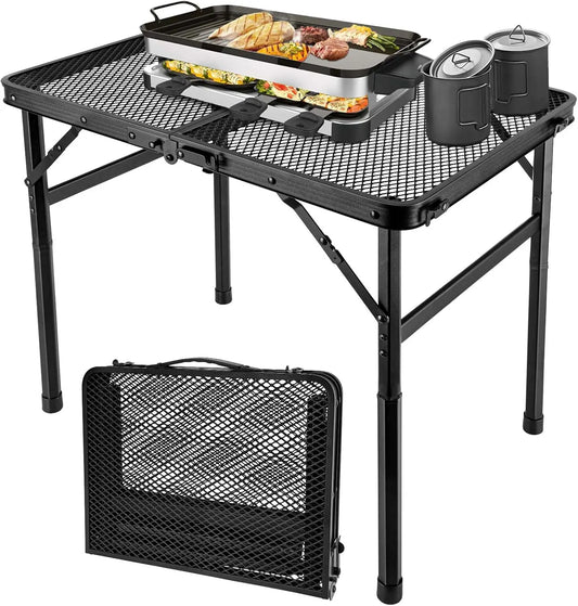 2x1.3 FT Folding Camping Table, Portable Adjustable Height Grill Stand with Mesh Desktop for Outdoor BBQ