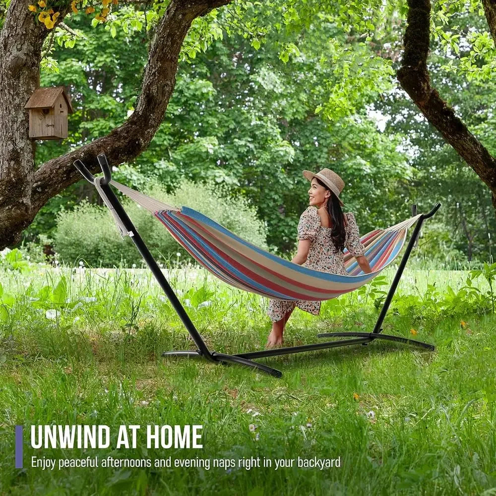 Luxury 2-Person Cotton Blend Hammock with Steel Stand - 60 Bed, 450lbs Capacity, Portable, Washable, for Outdoor and Camping