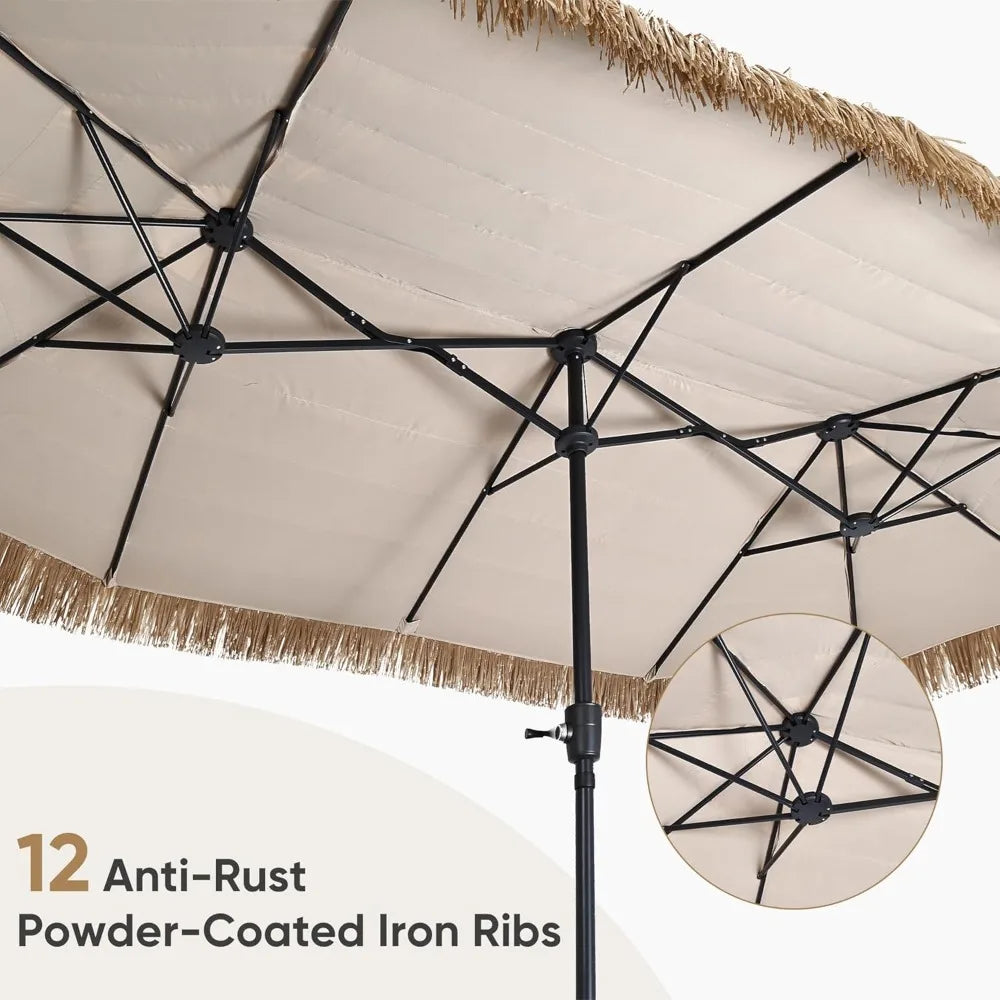 13ft Tiki Patio Umbrella Outdoor Table Umbrella, Market Umbrella with 12 Sturdy Ribs, with Crank for Garden, Lawn, Deck, Back