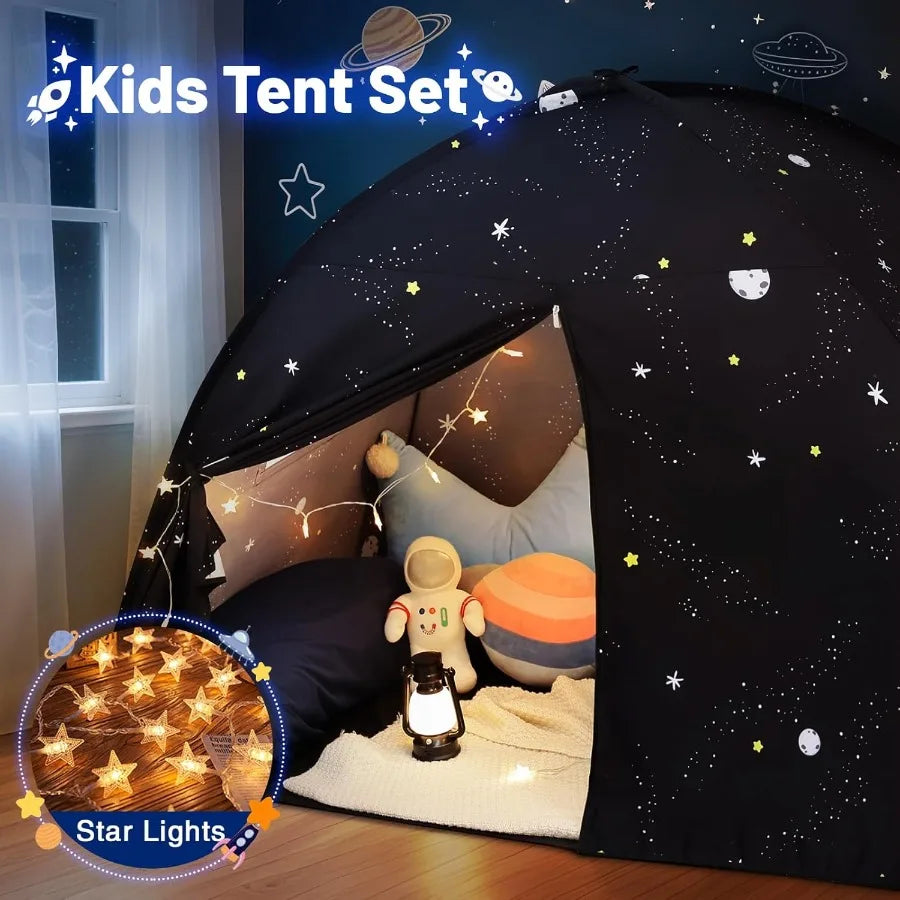Large Teepee Tent for Indoor Play Tent with Star Lights in Black Galaxy - Soft Canopy Bed for Toddler Girls Boys Playroom Gift