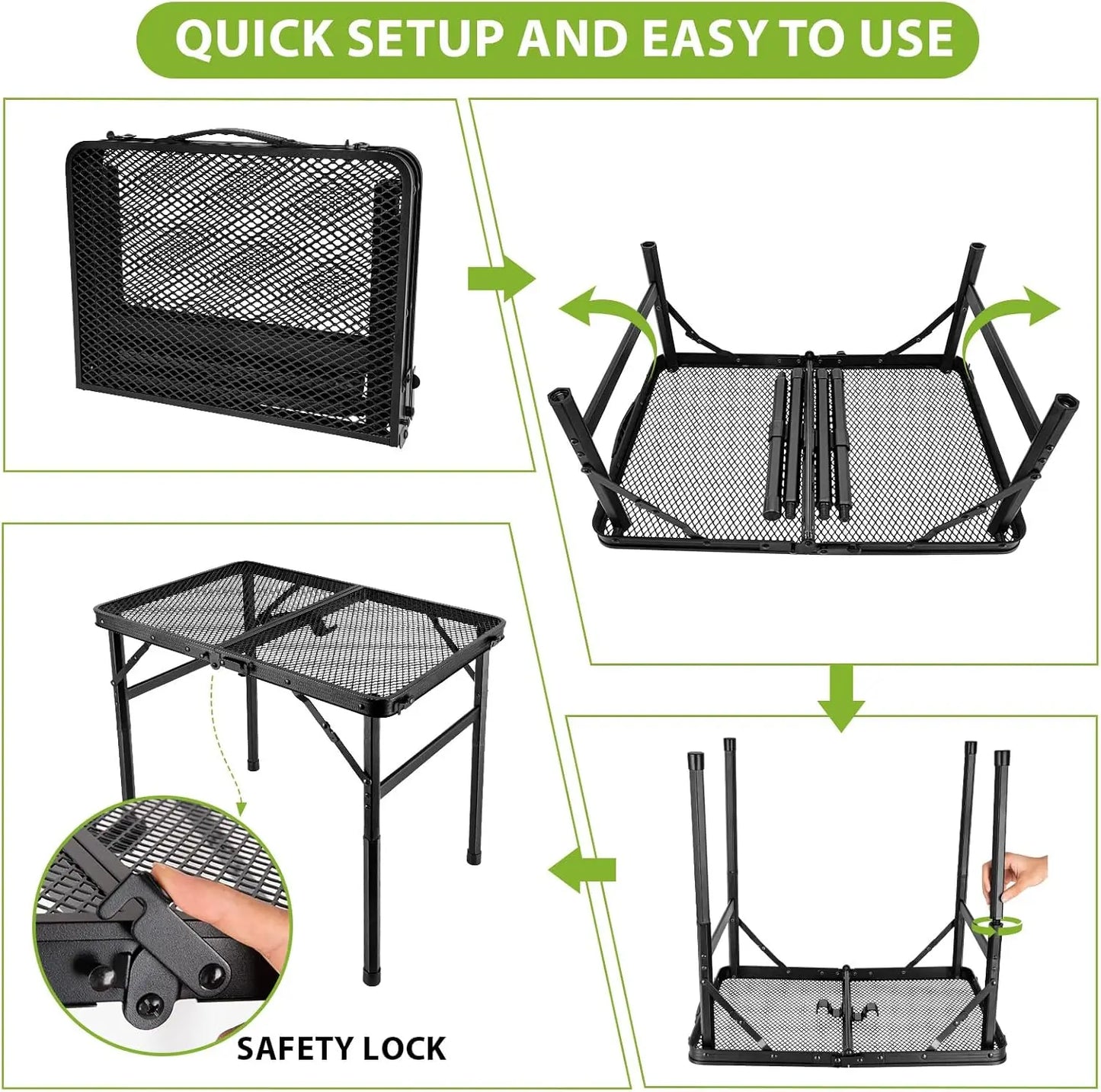 2x1.3 FT Folding Camping Table, Portable Adjustable Height Grill Stand with Mesh Desktop for Outdoor BBQ