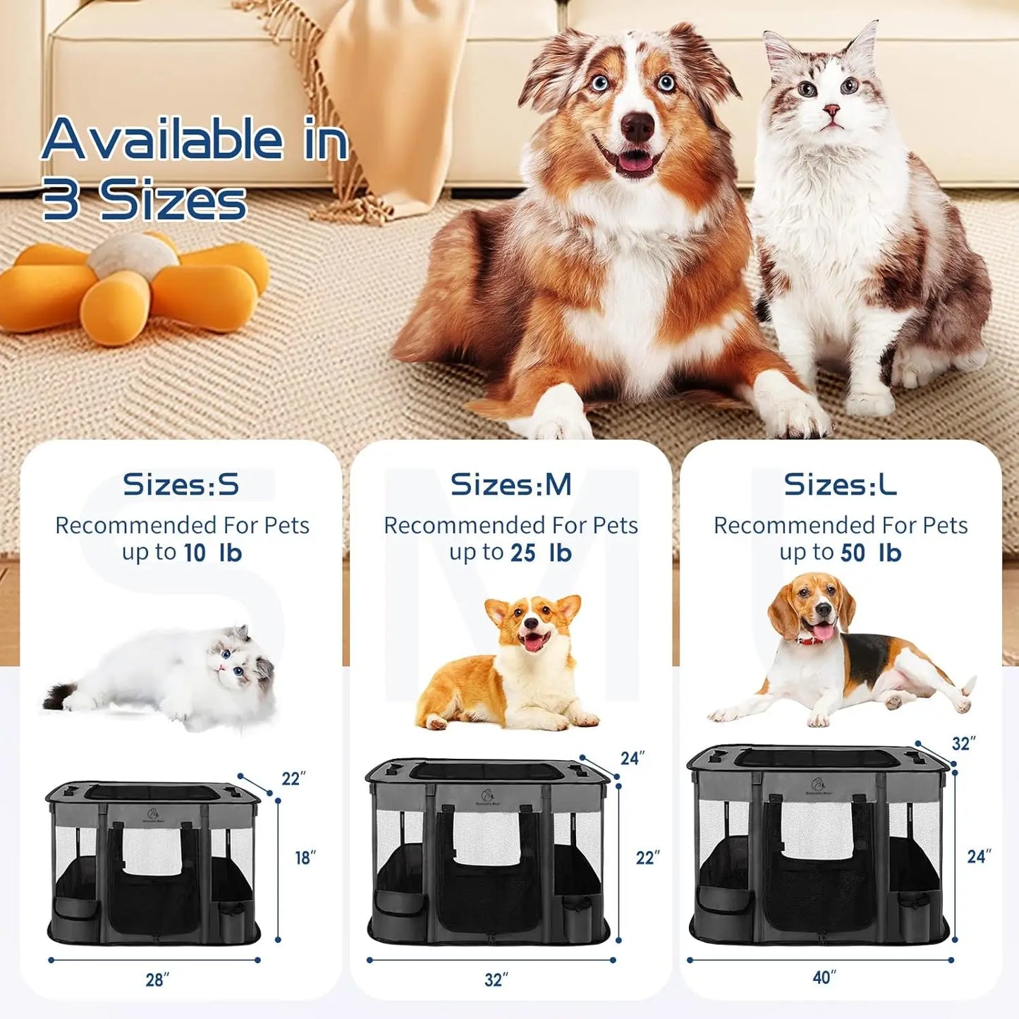 Foldable Pet Playpen 40x32x24 Inches, Portable Kennel Tent with Water-Resistant Cover for Indoor Outdoor Use