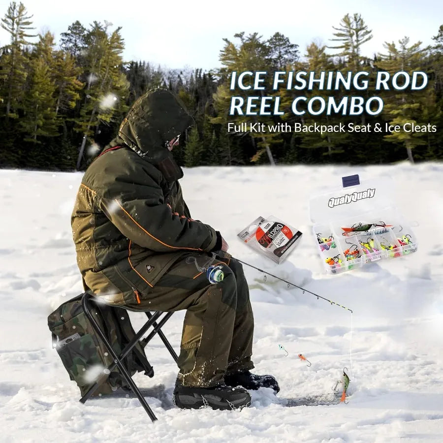 Complete Ice Fishing Kit with Reel Combo Backpack Seat Ice Cleats Jigs Line for Winter Fishing Adventures on Frozen Lakes and Rivers