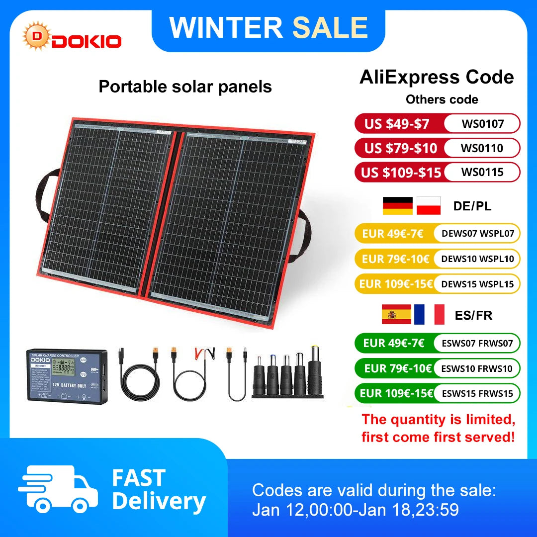 Dokio 18V 100/160/200/300 W Portable Foldable Solar Panel with 12V Controller to Charge Battery suitable for Camp
