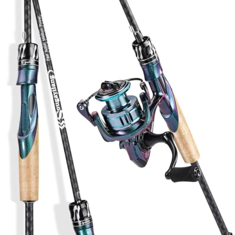 2 Packs Spinning Reel Rod Combo Two Pieces Colorful Portable Light Weight Fishing Rod with Powerful Fishing Gear