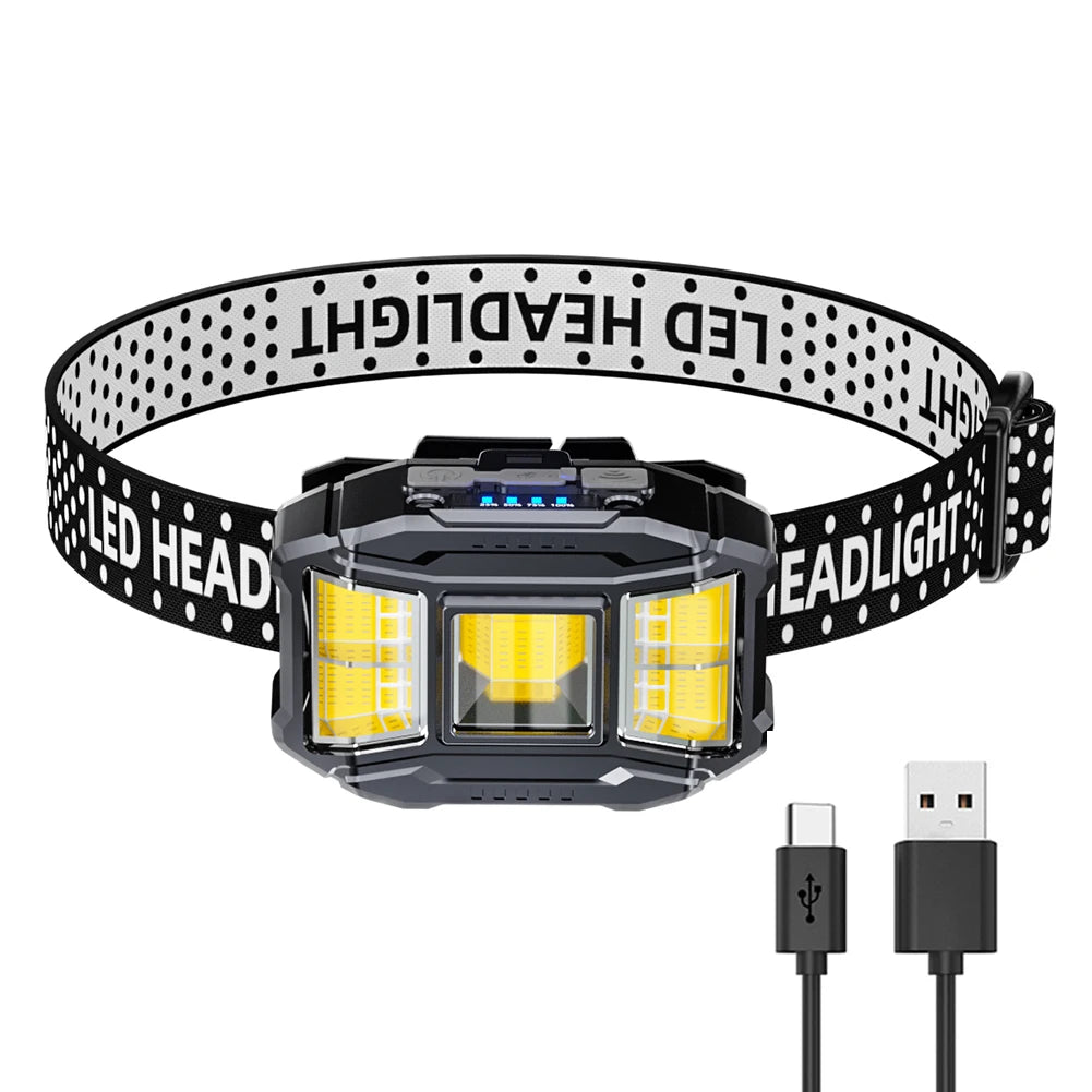 COB LED Head Mounted Flashlight USB Charging Powerful Headlight Torch Power Display Camping Head Light for Outdoor Night Fishing
