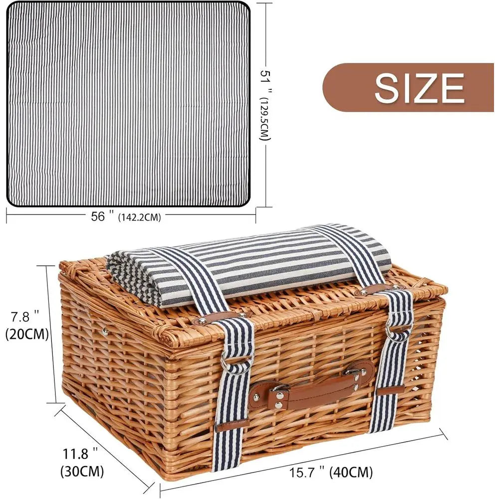 4-Person Willow Picnic Basket Set with Insulated Cooler, Blanket, and Cutlery for Outdoor Celebrations