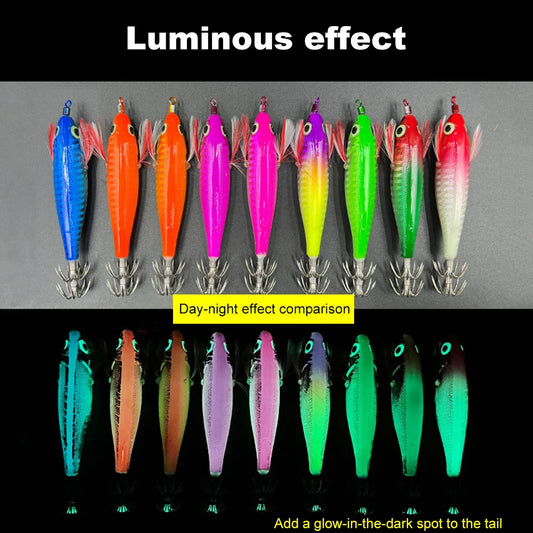 Luminous Fishing Lure Horizontal Artificial Squid Hook 100mm 9g Wood Shrimp Cuttlefish Hard Bait for Cuttlefish Sea Fishing