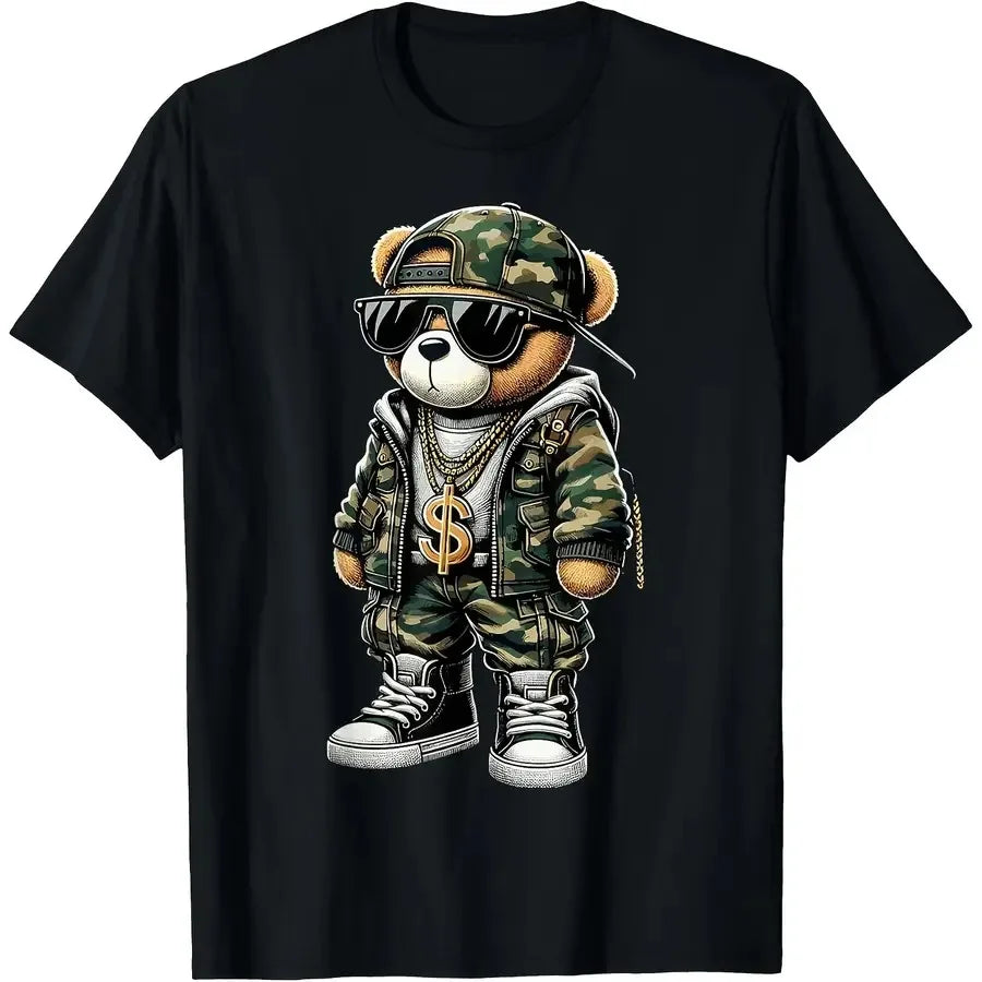 【New style】Camo Hip Hop Teddy Bear Camouflage T Shirt Unisex Casual Round Neck Outdoor Short Sleeve T Shirt with Slight Stretch