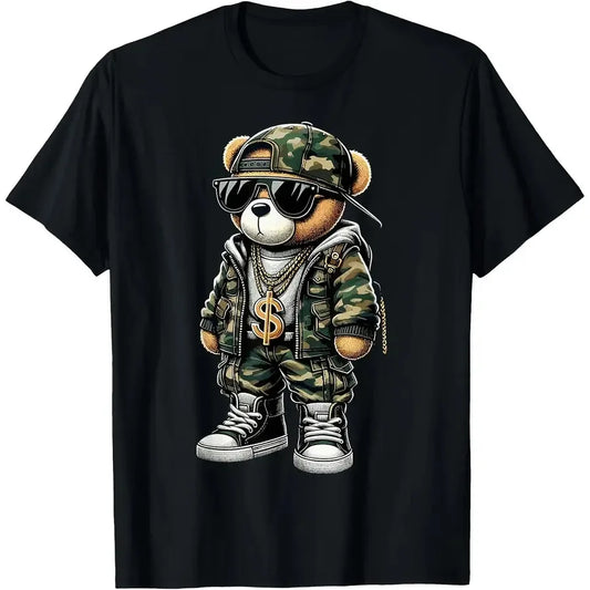 【New style】Camo Hip Hop Teddy Bear Camouflage T Shirt Unisex Casual Round Neck Outdoor Short Sleeve T Shirt with Slight Stretch