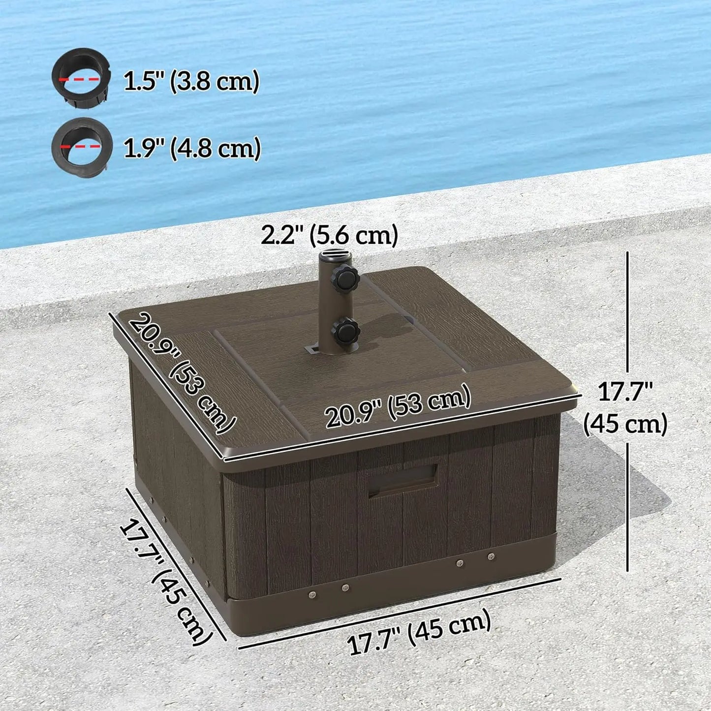 3-in-1 Outdoor Umbrella Base with Coffee Table and Planter, Heavy Duty 175 lbs Capacity, Wheels and Handles for Deck or Poolside