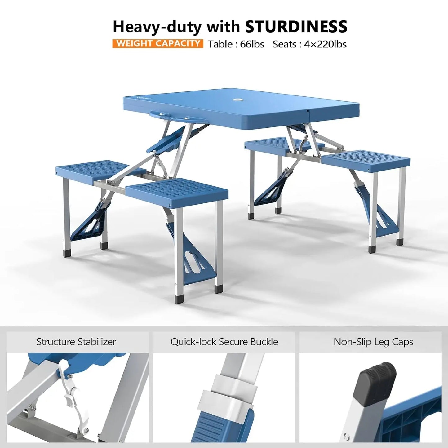 4 Ft Camping Picnic Table Set with 4 Seats w/Umbrella Hole, Folding Lightweight Suitcase Card Table-220 Lbs Support Aluminum Frame