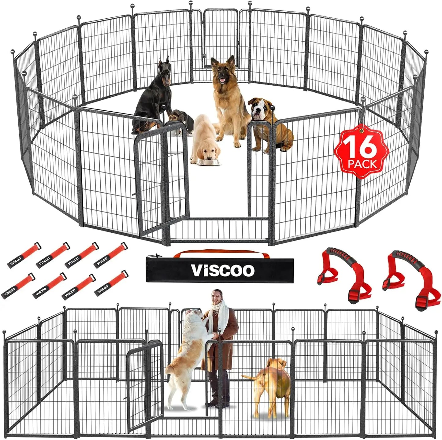 16-Panel 40" High Metal Dog Playpen with Gate, Portable Pet Fence for Outdoor/Indoor Use, RV Camping