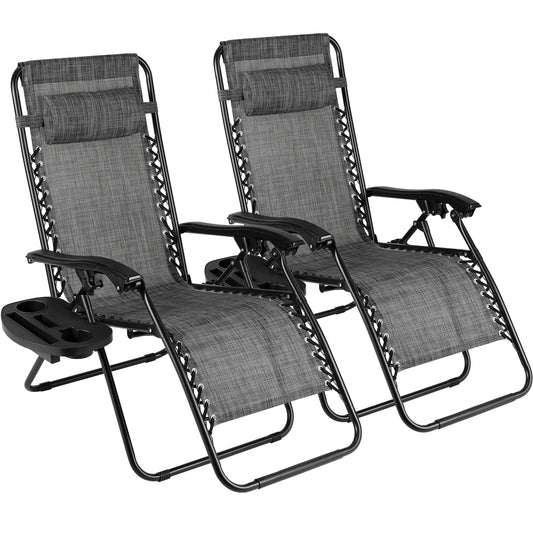 2Pcs Outdoor Foldable Chair, Zero Gravity Chair with Armrest, Cup Holder, Folding Chair Camping Lounge Patio Lawn Recliner