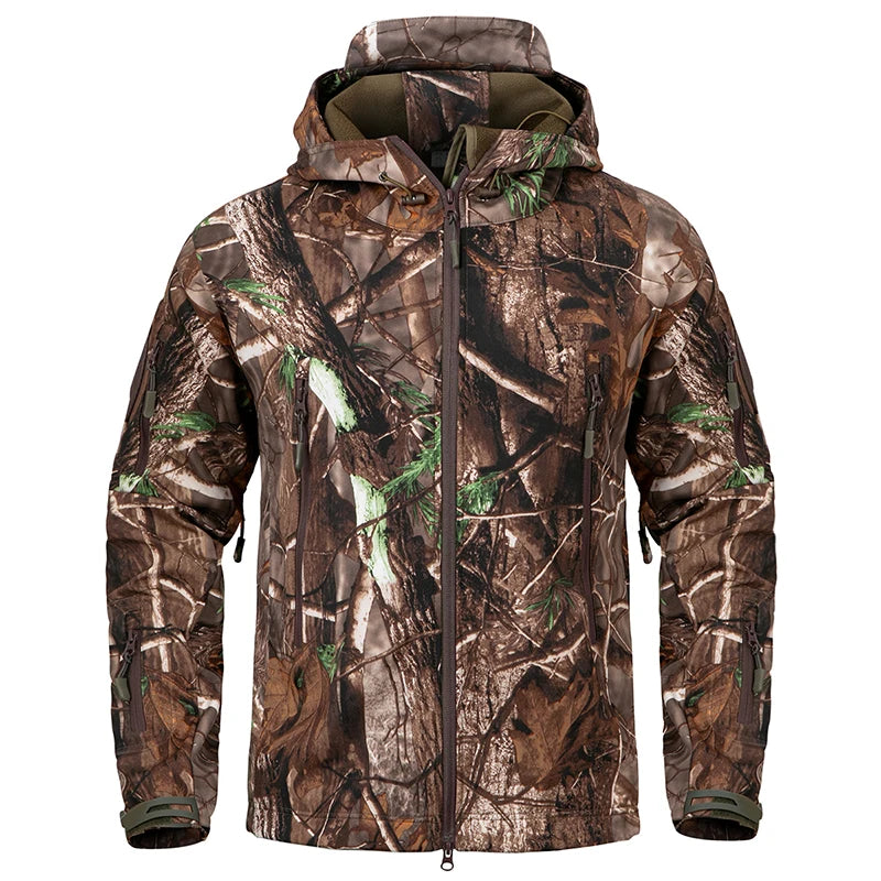 Men's Quiet Softshell Camouflage Hunting Jacket Water-Resistant Camo Tactical Jacke Men Fleece Outdoor Fising Hiking Hooded Coat