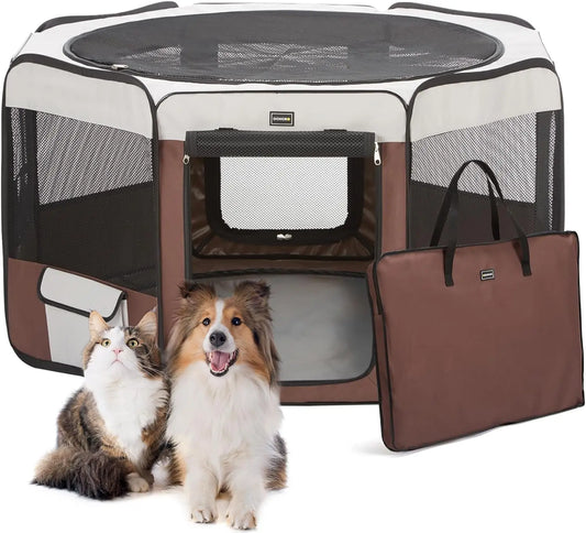 Portable Pet Playpen for Small Medium Dogs, Foldable Exercise Kennel Indoor Outdoor Travel Camping, Brown Large 46x46x23 Inch