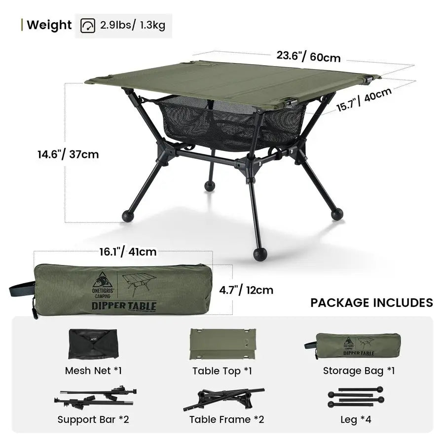 Dipper Camping Table, Lightweight Portable Folding Table with Mesh Storage Net, High Low Options, Ideal for Camping, Hiking, Tai