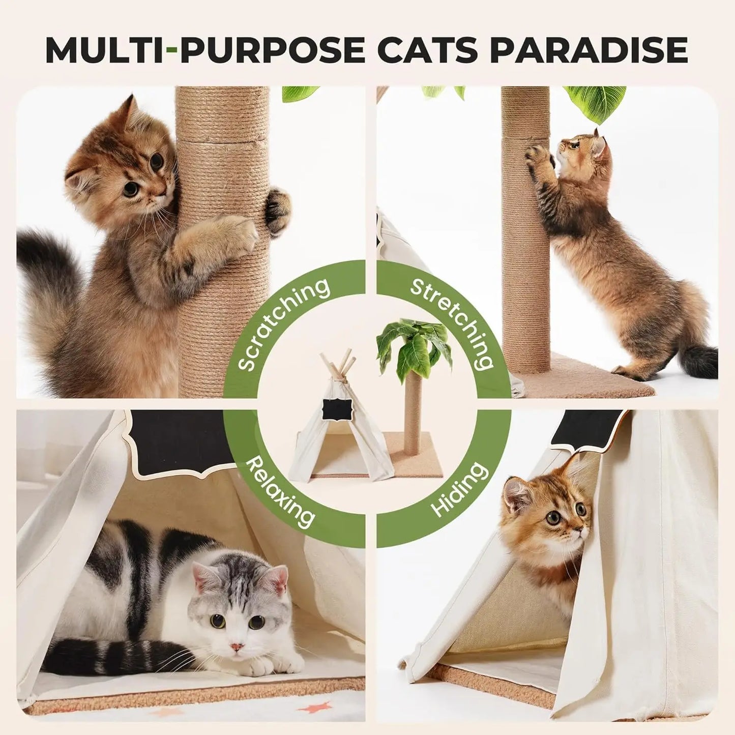 MEWOOFUN Cats Scratching Post Teepee Cat Tree with Simulated Leaves 60cm Tall Scratcher Post Pet Bed Tent Indoor Cat Play House