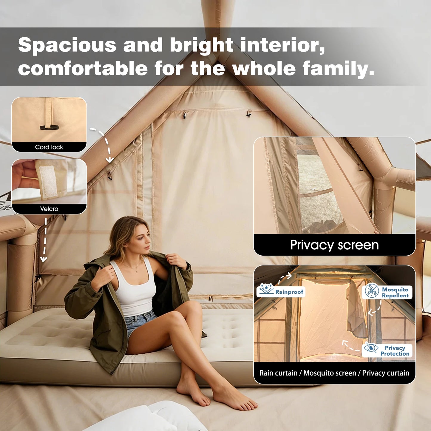 Inflatable Camping Tent 8-10 Person,129 Square Feets Large Inflatable Camping Tent with Stove Jack,Blow up Tent with AC Vent