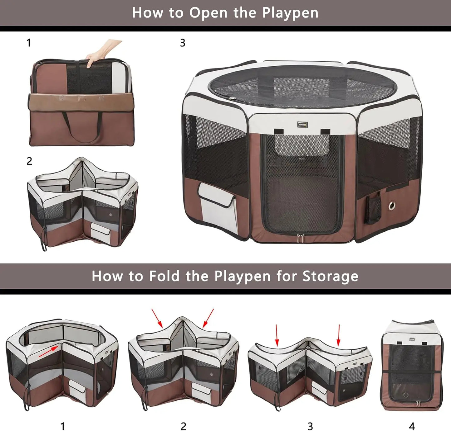 Portable Pet Playpen for Small Medium Dogs, Foldable Exercise Kennel Indoor Outdoor Travel Camping, Brown Large 46x46x23 Inch