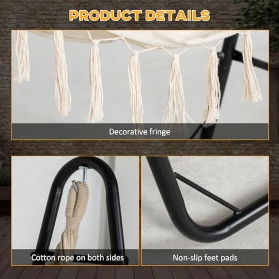 Outdoor Patio Hammock Chair with U Shape Stand Black/Cream White Hanging Lounge Chair with Side Pocket for Garden Deck Yard