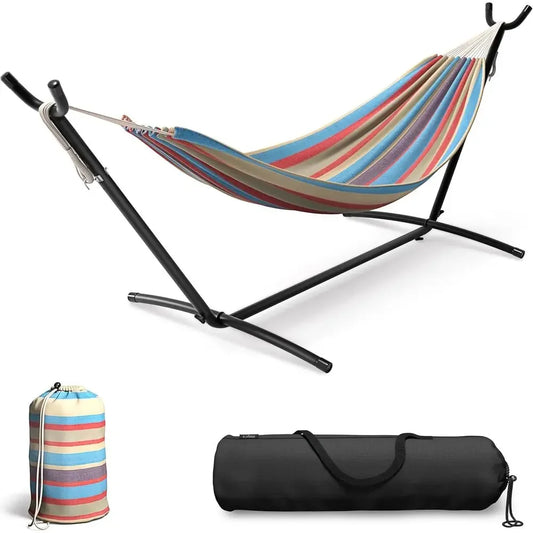 Luxury 2-Person Cotton Blend Hammock with Steel Stand - 60 Bed, 450lbs Capacity, Portable, Washable, for Outdoor and Camping
