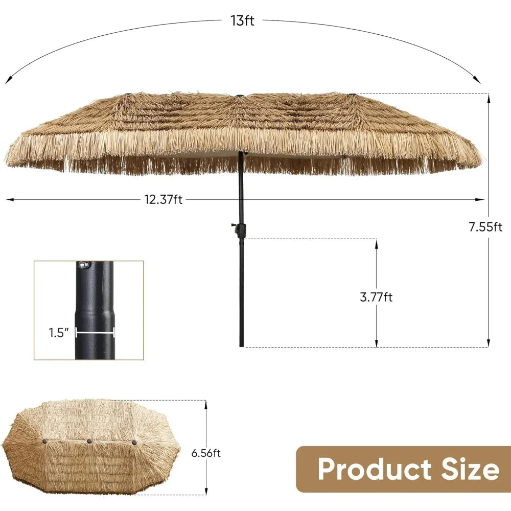 13ft Tiki Patio Umbrella Outdoor Table Umbrella, Market Umbrella with 12 Sturdy Ribs, with Crank for Garden, Lawn, Deck, Back