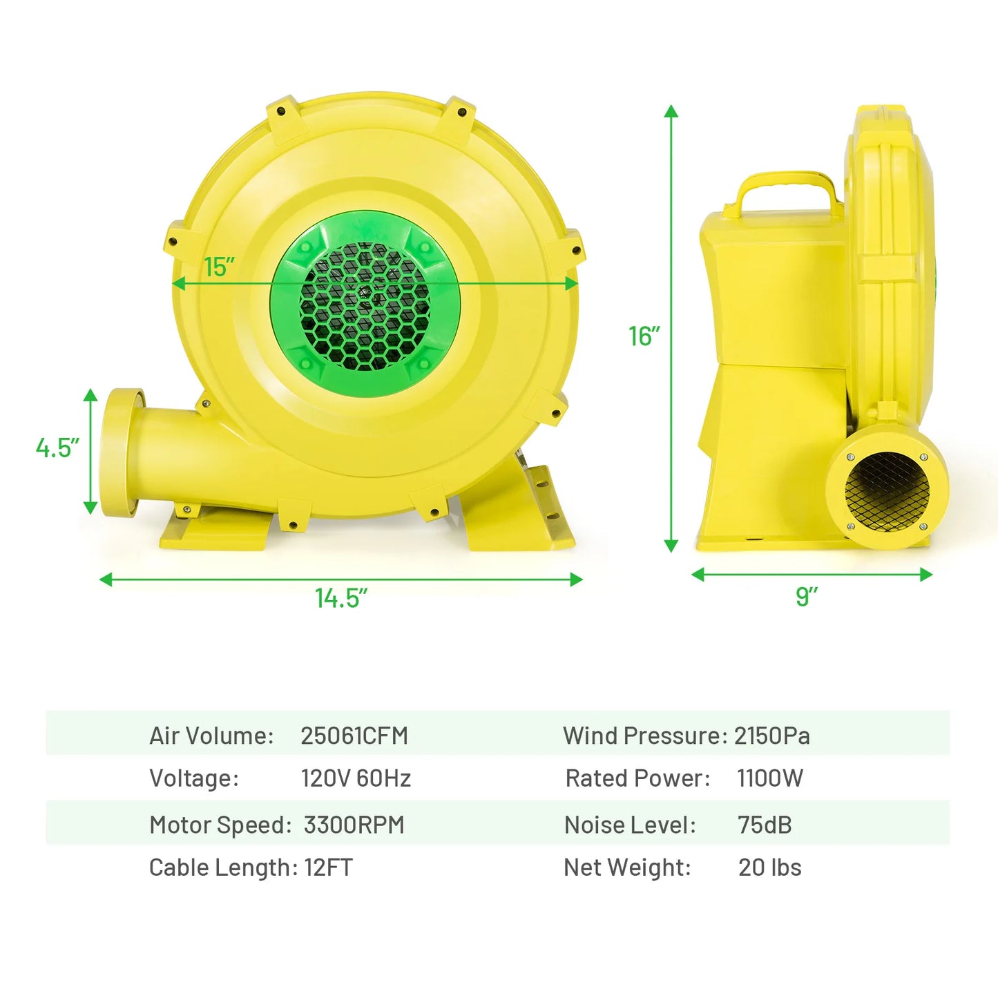 Inflatable Bounce House Blower 1100W 1.5HP Air Pump Commercial Castle Slide Fan