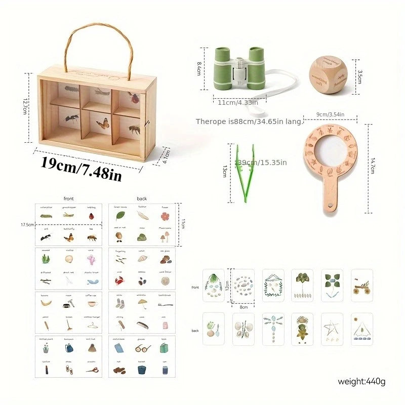 Kids Outdoor Explorer Kit Wooden Binoculars Treasure Storage Box Nature STEM Learning Camping Toy Birthday Gift for Boys Girls