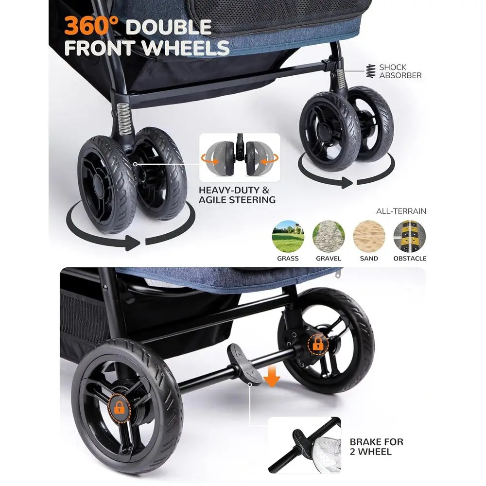 Extra Large Foldable Pet Stroller for Dogs 20-132 lbs, Ventilated, Suitable for 2 Small Dogs, Pink or Navy
