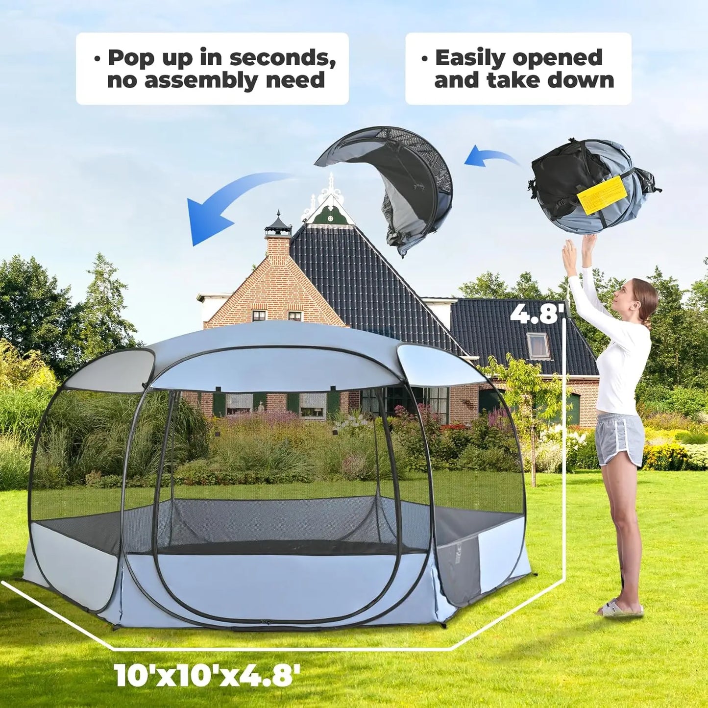 Extra Large Pop-Up Dog House, 10x10x4.8ft Portable Pet Tent with Sun Shade and Leakproof Bottom for Camping