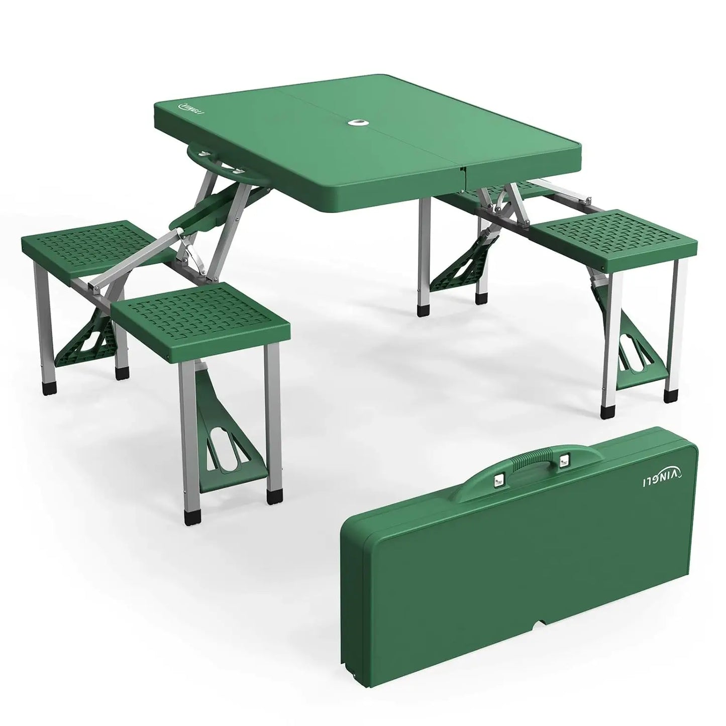 4 Ft Camping Picnic Table Set with 4 Seats w/Umbrella Hole, Folding Lightweight Suitcase Card Table-220 Lbs Support Aluminum Frame