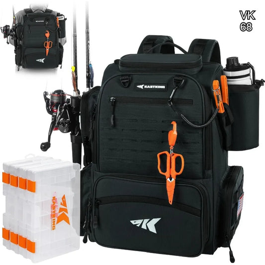 Large Fishing Tackle Backpack with Rod Holders, Rain Cover, and 4 Boxes for Outdoor Gear Storage