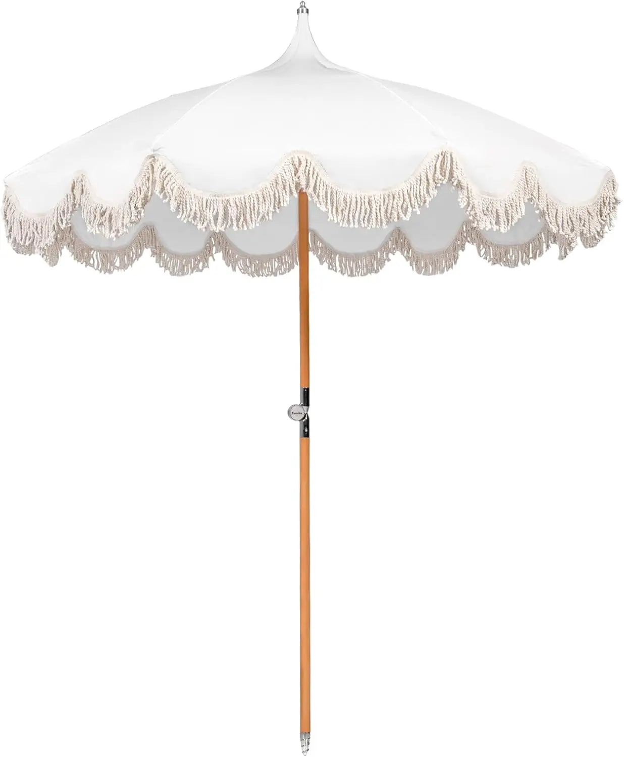 6.5ft Boho Beach Umbrella with Fringe, UPF 50+ Foldable Wood Pole and Carry Bag for Outdoor Use