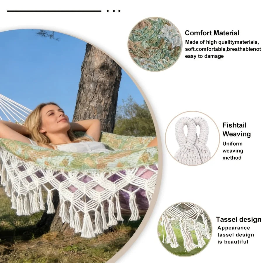 The new Bohemian-style fringed single-person and double-person hammocks are suitable for outdoor garden camping. They come with