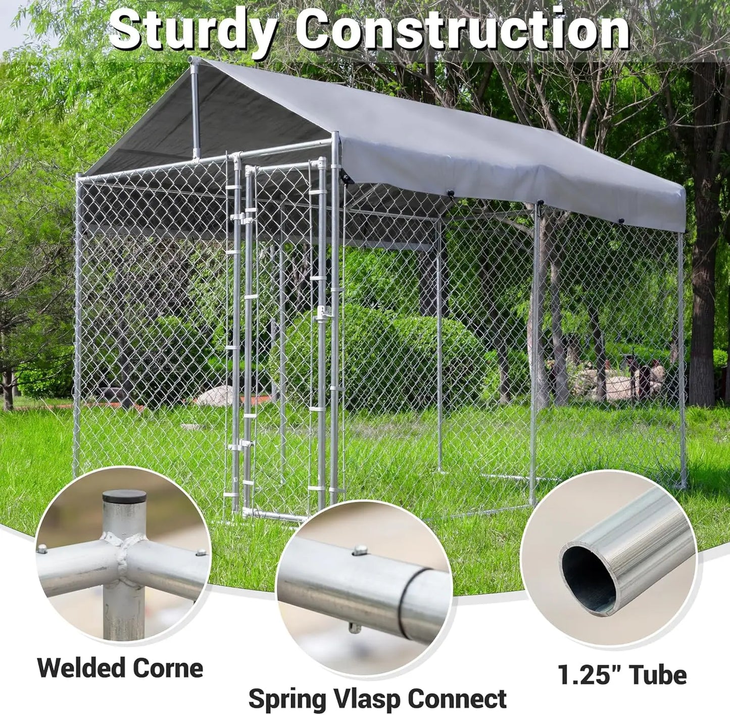 Large Galvanized Dog Kennel Outdoor with Roof, Waterproof UV-Resistant Cover & Lock, Anti-Rust Chain Link Dog Run for Yard
