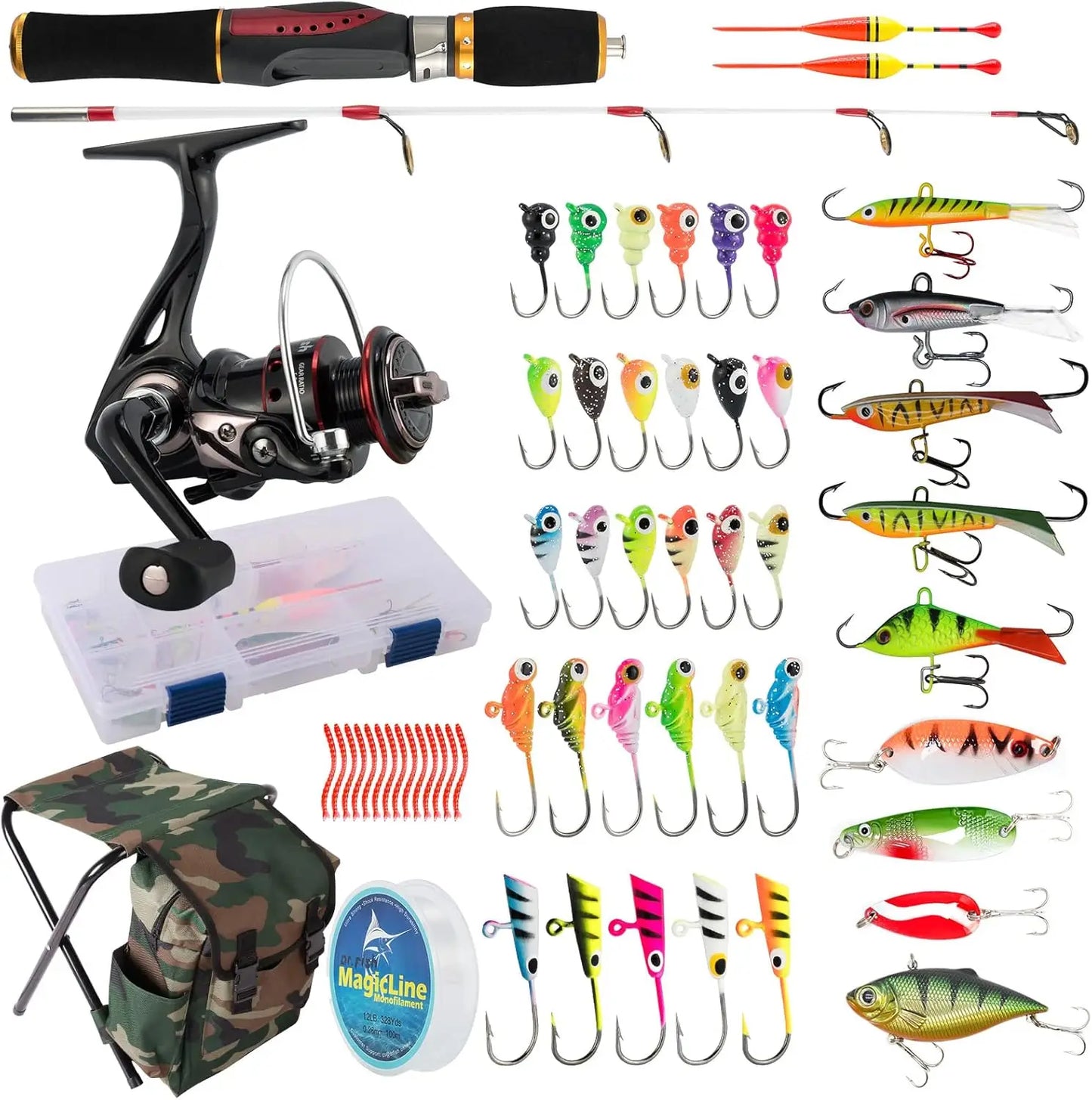 Ice Fishing Rod and Reel Combo with Backpack Seat, Lures, and Accessories for Winter Angling