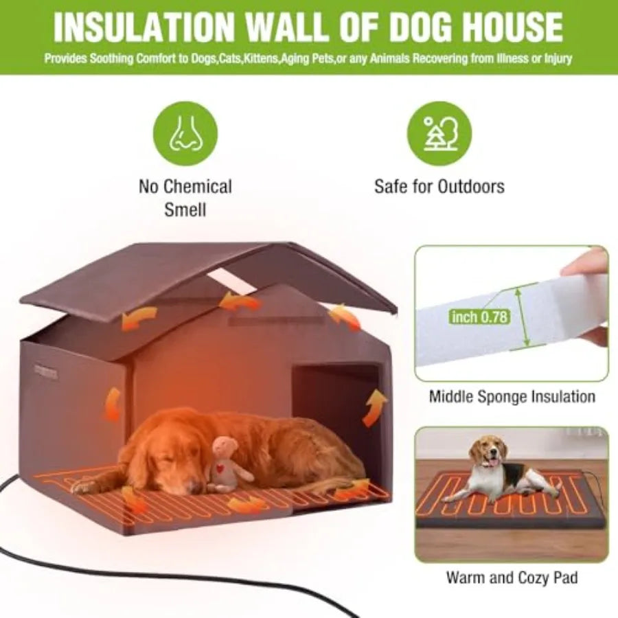 Heated Outdoor Dog House with Heavy-Duty Iron Frame and Insulated Liner for Small Medium Large Dogs in Winter Weatherproof Dog