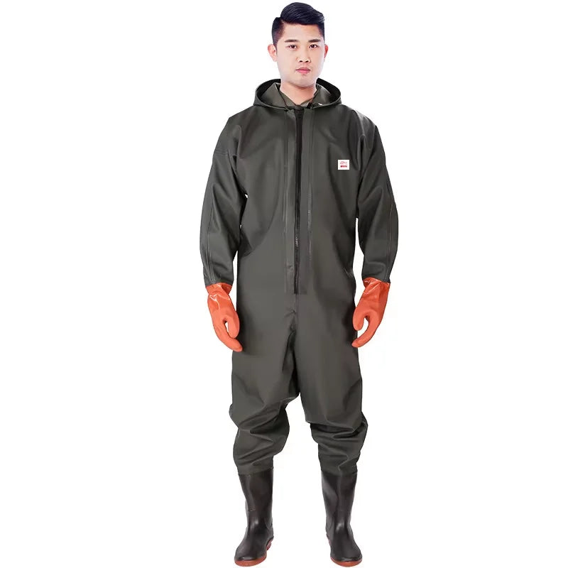 Size 43-47 Hooded Long Sleeve Wader Pants Waterproof Overalls With Boots Gloves Adult Outdoor Fishing Hunting River Tracing Gear