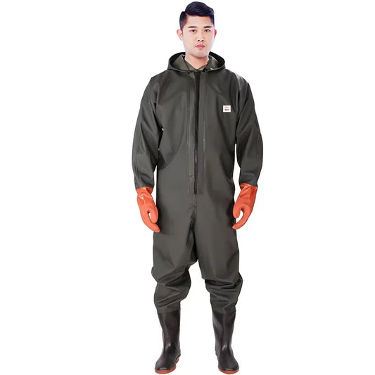 Size 43-47 Hooded Long Sleeve Wader Pants Waterproof Overalls With Boots Gloves Adult Outdoor Fishing Hunting River Tracing Gear
