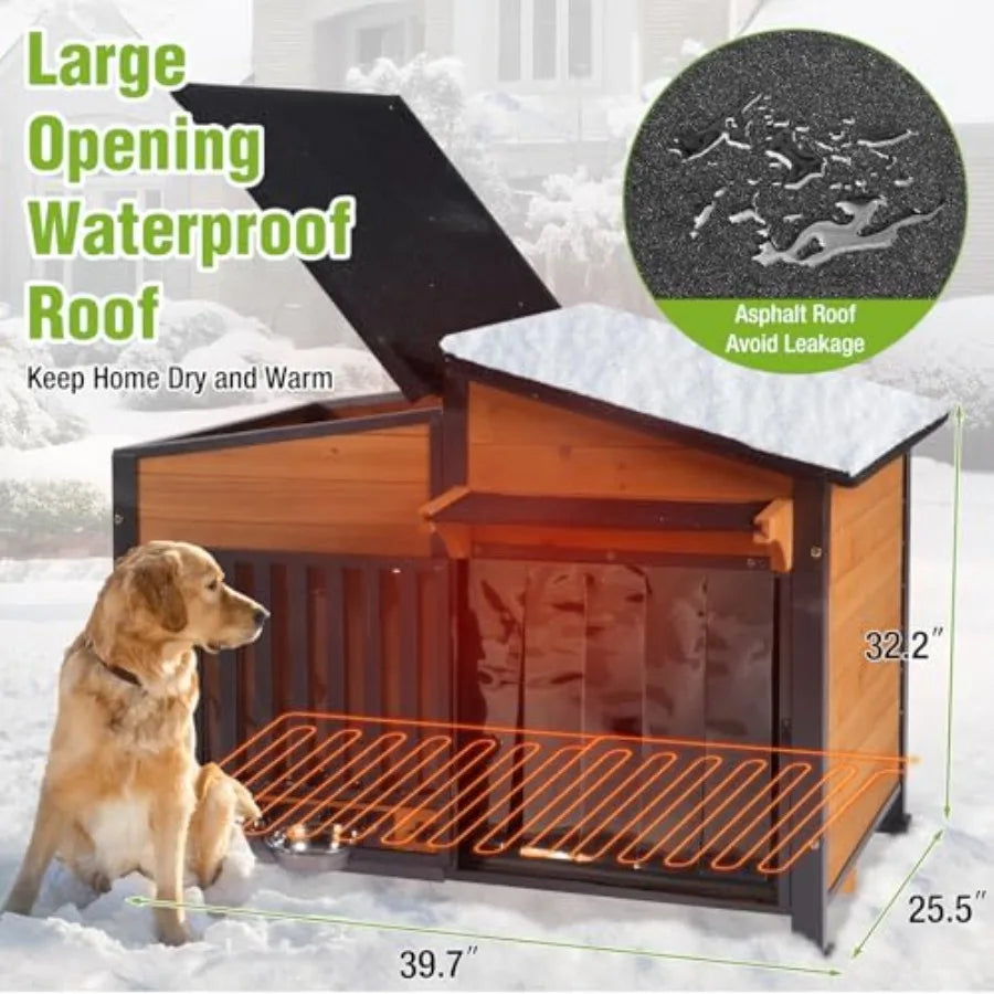 Heated Outdoor Dog House with Heavy-Duty Iron Frame and Insulated Liner for Small Medium Large Dogs in Winter Weatherproof Dog