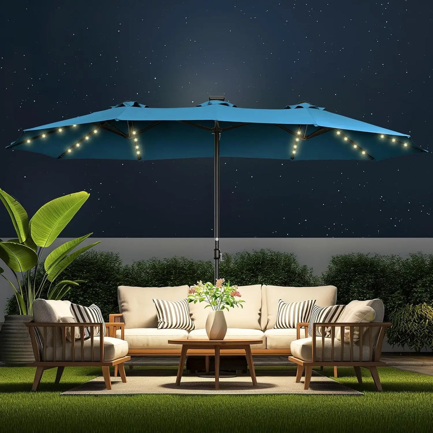 Double Sided Patio Umbrellas - 15ft Solar Lights LED Lighted Outdoor Extra Large Market Table Umbrella with Base, Customized