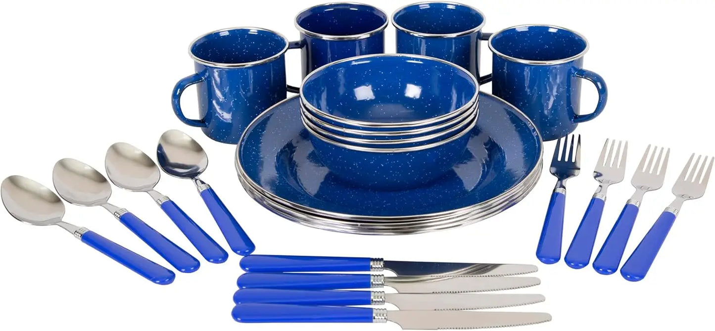 24-Piece Enamel Tableware Set for Camping & Backpacking - Lightweight, Durable Plates & Bowls for 4 People