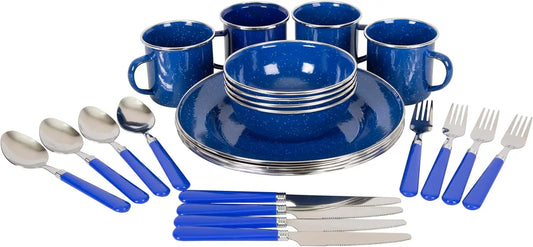 24-Piece Enamel Tableware Set for Camping & Backpacking - Lightweight, Durable Plates & Bowls for 4 People