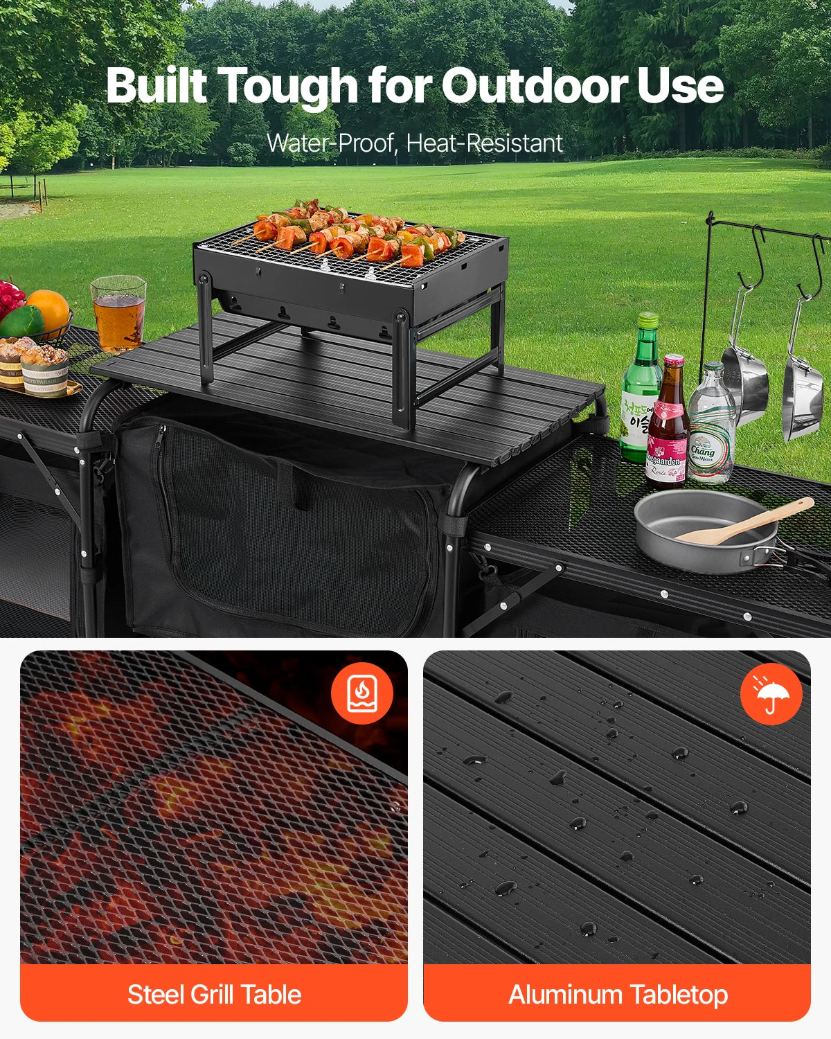 SucceBuy Camping Kitchen Table Aluminum Portable Cook Station with 3 Storage Cupboard Carrying Bag Quick Set-up for BBQ Picnic