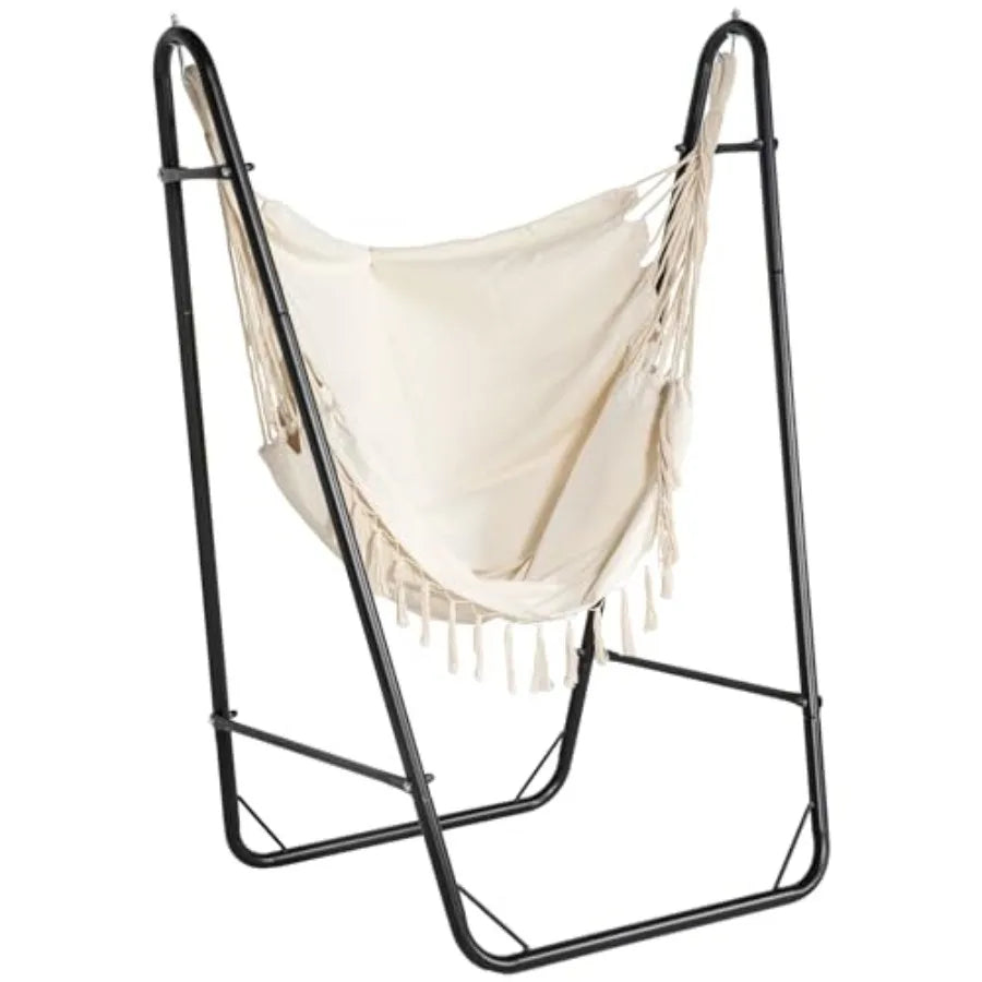 Outdoor Patio Hammock Chair with U Shape Stand Black/Cream White Hanging Lounge Chair with Side Pocket for Garden Deck Yard