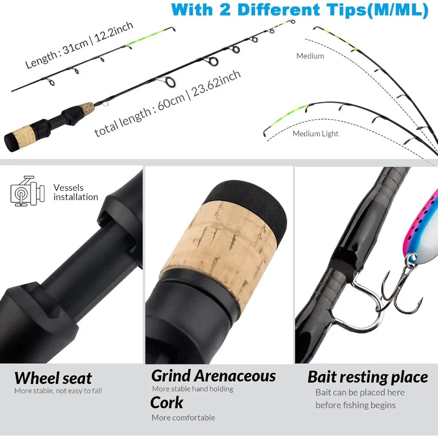 Complete Ice Fishing Kit with Reel Combo Backpack Seat Ice Cleats Jigs Line for Winter Fishing Adventures on Frozen Lakes and Rivers