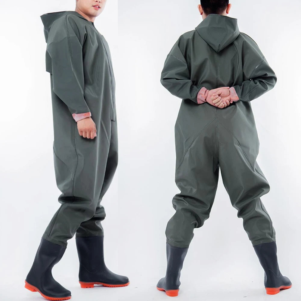 Size 43-47 Hooded Long Sleeve Wader Pants Waterproof Overalls With Boots Gloves Adult Outdoor Fishing Hunting River Tracing Gear