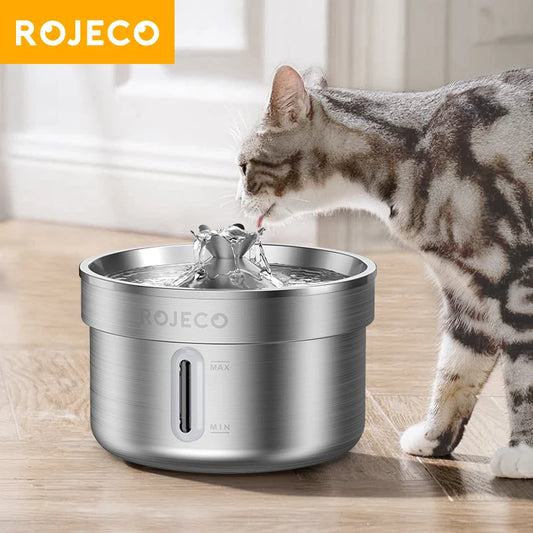 ROJECO Stainless Steel Cat  Water Fountain Automatic Pet Drinking Fountain for Cat Dogs Drinker Rechargeable Pet Water Purifier