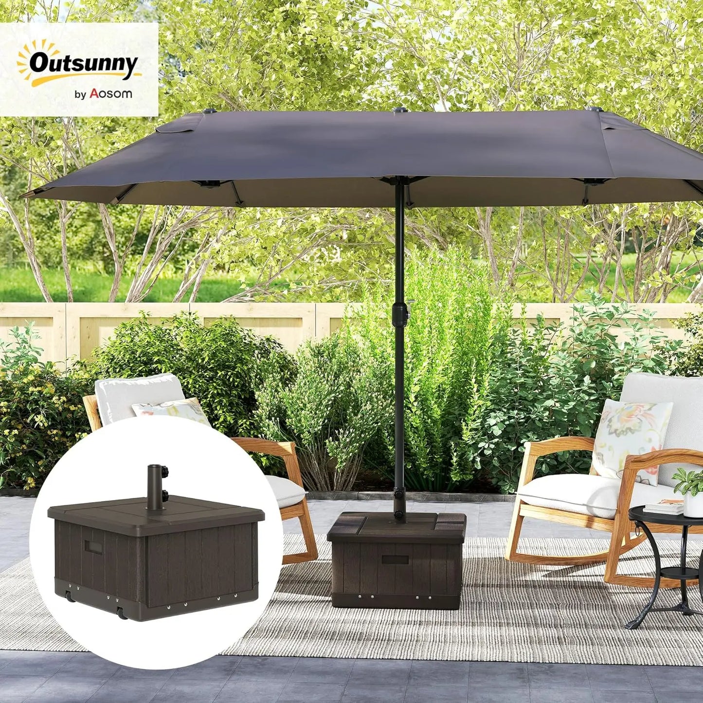 3-in-1 Outdoor Umbrella Base with Coffee Table and Planter, Heavy Duty 175 lbs Capacity, Wheels and Handles for Deck or Poolside